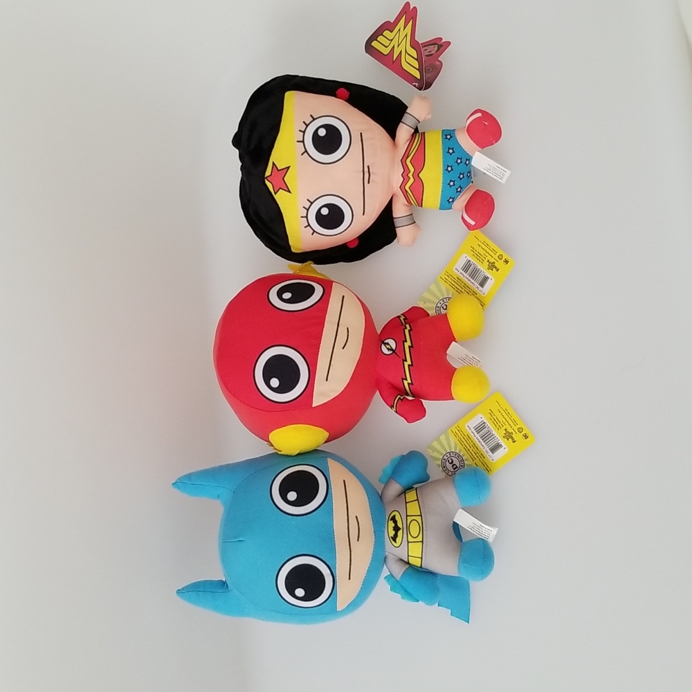 A bundle of 3 Plushies ( Batman, Flash, and Wonder Woman)